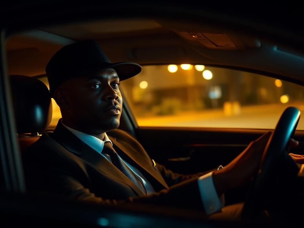 Professional chauffeur driving at night