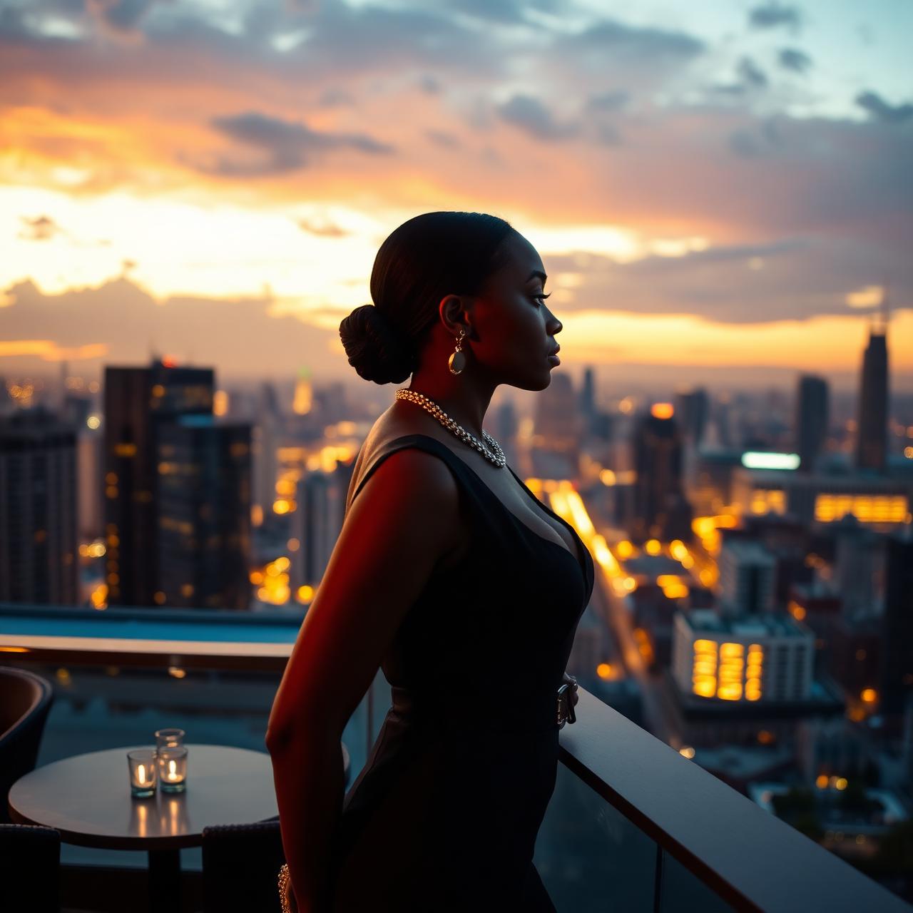 Guest enjoying a rooftop view of the Lagos skyline at dusk